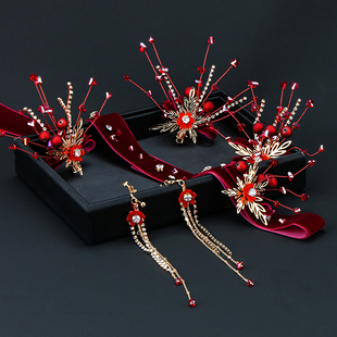 新款手工中式新娘头饰超仙红色水晶发饰三件套唯美敬酒服饰品