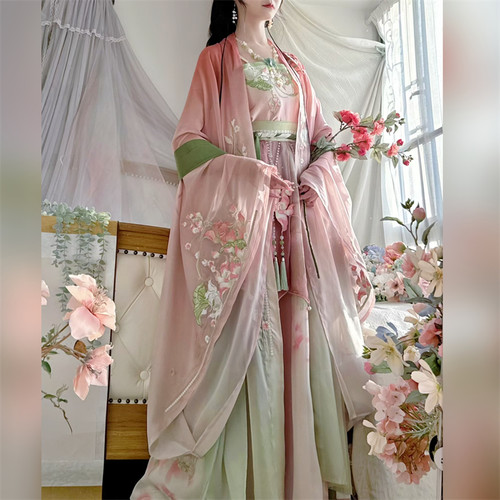 墨晨烟雨【藕莲】单个链接原创汉服诃子裙粉色仙气重工刺绣大袖衫
