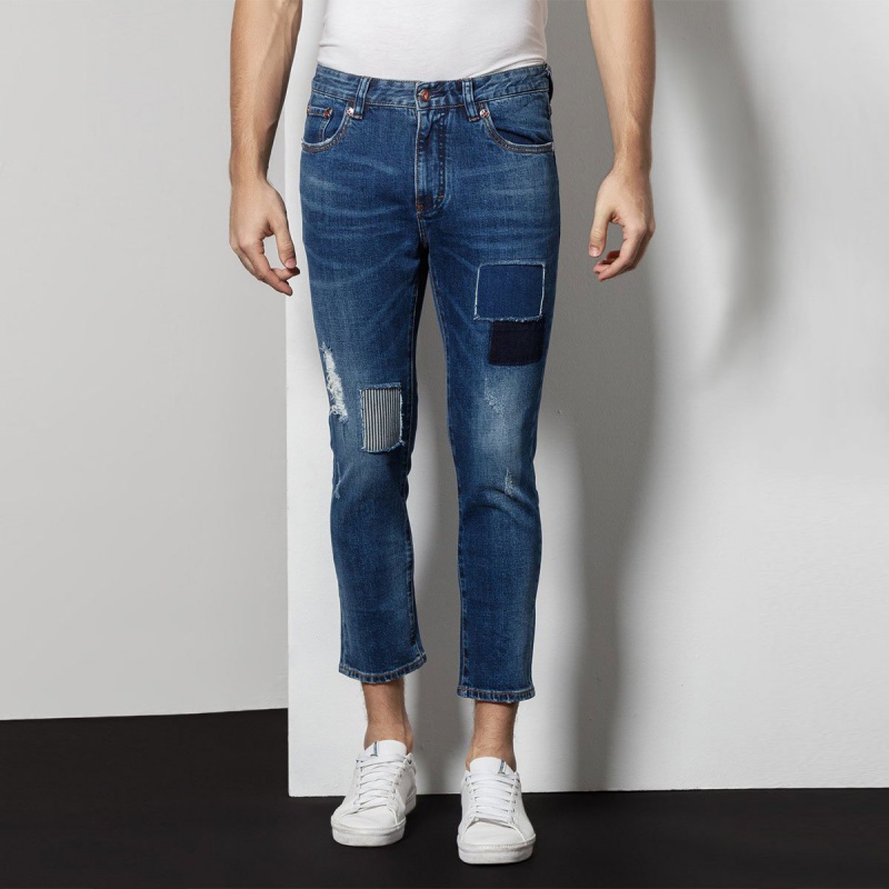 LKDL夏季薄款潮流个性拼接棉混纺修身休闲男士牛仔裤九分裤1380