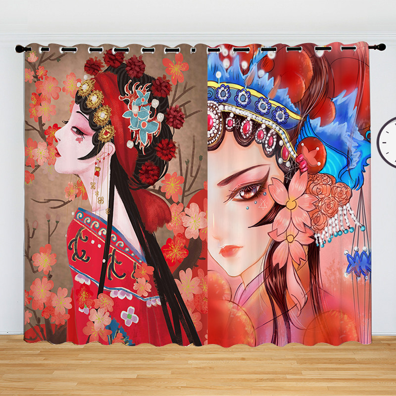 国潮京剧窗帘新款样式个性新时代中国风范美食背景挂钩布帘装饰画