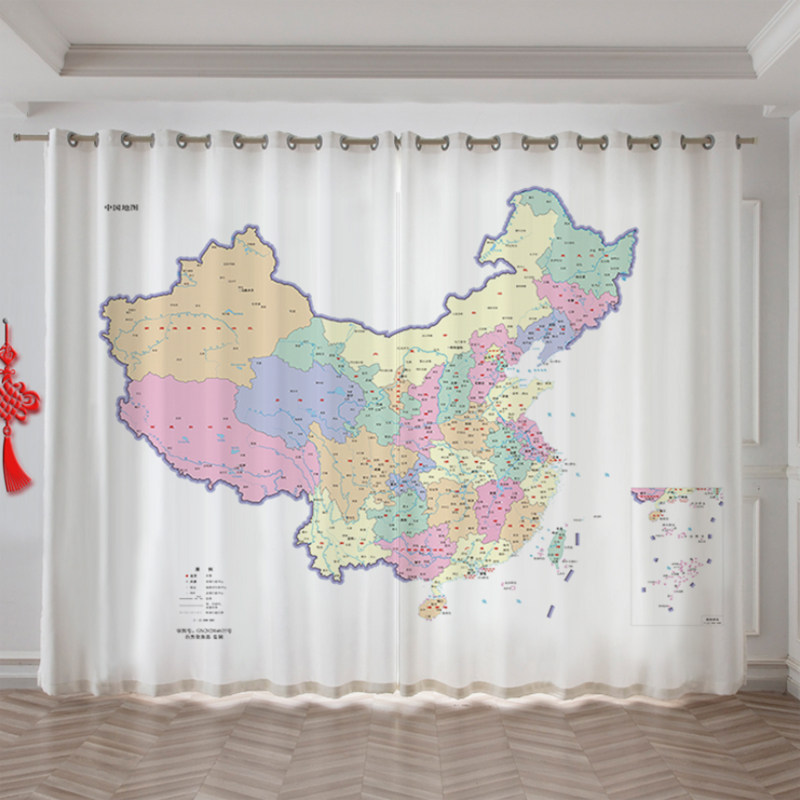 中国地图定制窗帘图案世界英文版高清高端大气客厅卧室背景布帘新