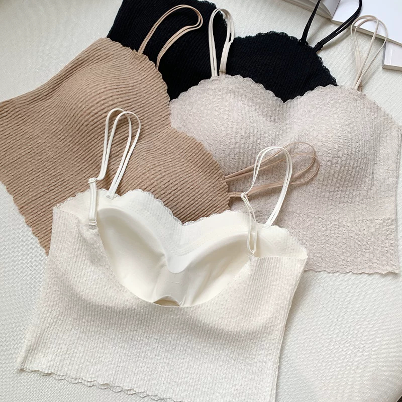 古妃3781款泡泡蕾丝海鸥领美背吊带背心女带胸垫内搭外穿打底内衣