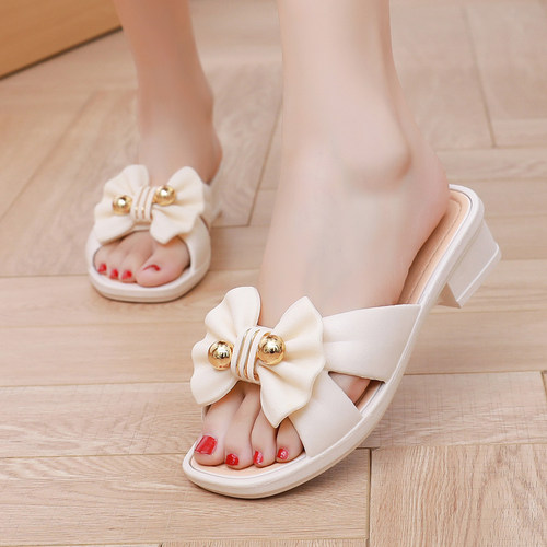 蝴蝶结厚底女拖鞋夏季中跟