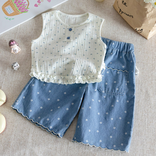 女童夏季薄款碎花背心牛仔套装
