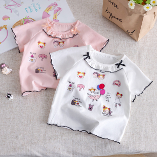 儿童甜美可爱印花蝴蝶结圆领花边上衣潮 新款 女童短袖 t恤2025夏季