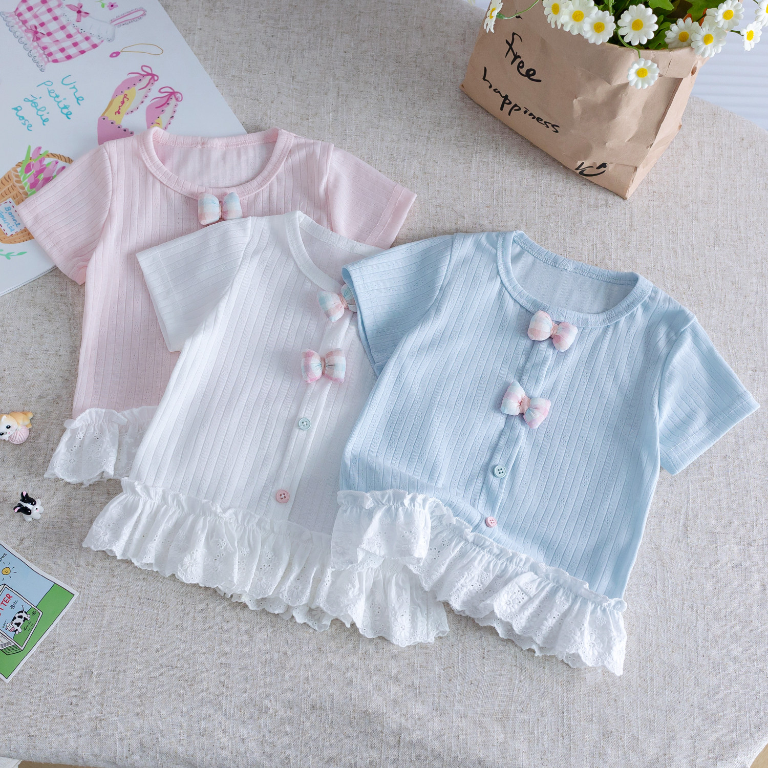 女童2025夏季新款短袖上衣女宝宝甜美立体糖果蕾丝花边T恤打底衫