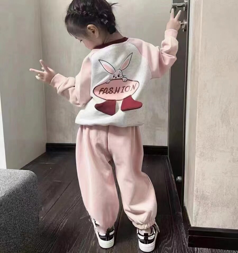 女宝宝秋冬套装加绒2026休闲运动韩版加厚冬装女童卫衣两件套