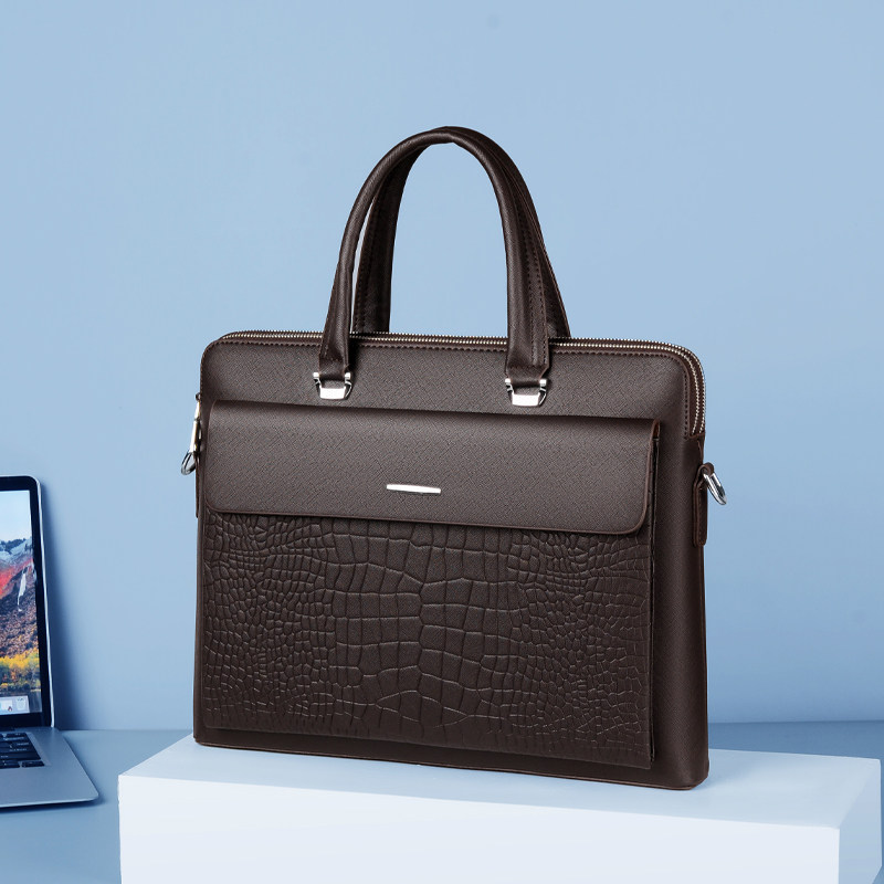 定型双层男士手提包横款方形商务公文包A4文件业务包鳄鱼纹潮包邮