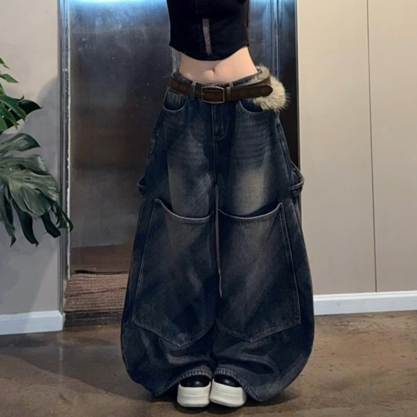 大码美式复古设计感大口袋牛仔裤女街头辣妹宽松阔腿弯刀拖地长裤,女装/女士精品,大码裤装,淘宝优惠券,粉丝福利购,淘宝优惠卷