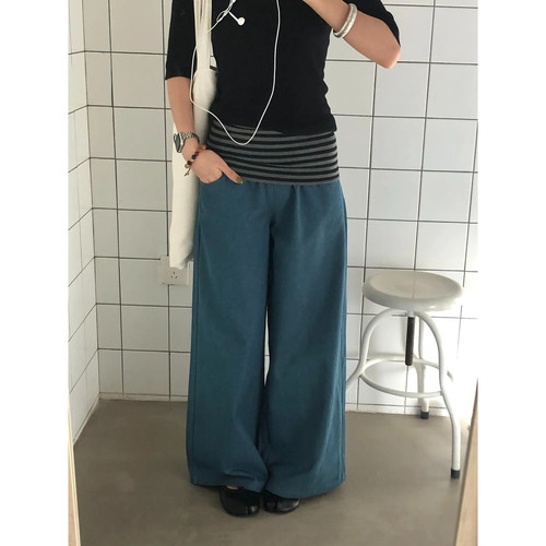 大码美式复古高腰阔腿牛仔裤女
