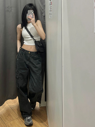 美式街头高街宽松工装牛仔裤女大码高腰多口袋直筒阔腿长裤显瘦潮