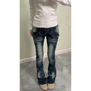 显瘦长裤 女高街y2k弹力修身 vibe辣妹复古水洗刺绣微喇牛仔裤 美式
