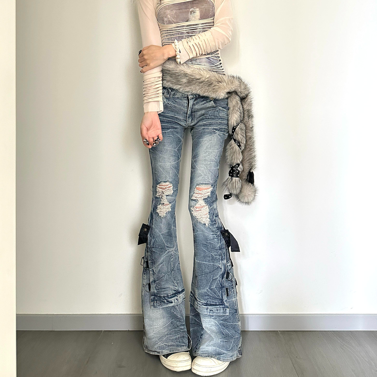 大码美式复古重工绑带破洞紧身牛仔裤女千禧辣妹低腰显瘦微喇长裤