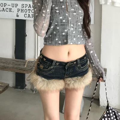 大码美式复古辣妹蝴蝶毛绒短裤