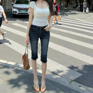 大码美式复古辣妹修身牛仔七分裤女夏季新款弹力显瘦百搭直筒中裤