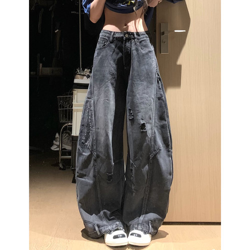 高街水洗做旧破洞阔腿牛仔裤
