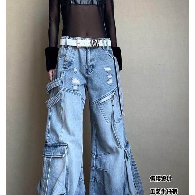 大码美式辣妹重工水洗多口袋工装牛仔裤女复古做旧磨破阔腿拖地裤,女装/女士精品,大码裤装,淘宝优惠券,粉丝福利购,淘宝优惠卷
