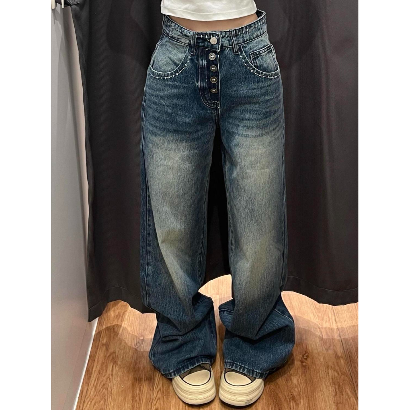 大码美式复古水洗做旧个性缝线设计弯刀牛仔裤女街头宽松阔腿长裤,女装/女士精品,大码裤装,淘宝优惠券,粉丝福利购,淘宝优惠卷