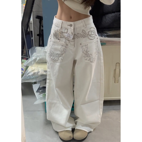 美式复古水洗刺绣白色阔腿牛仔裤