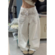 美式 女宽松显瘦垂感弯刀长裤 大码 复古水洗反穿刺绣白色阔腿牛仔裤