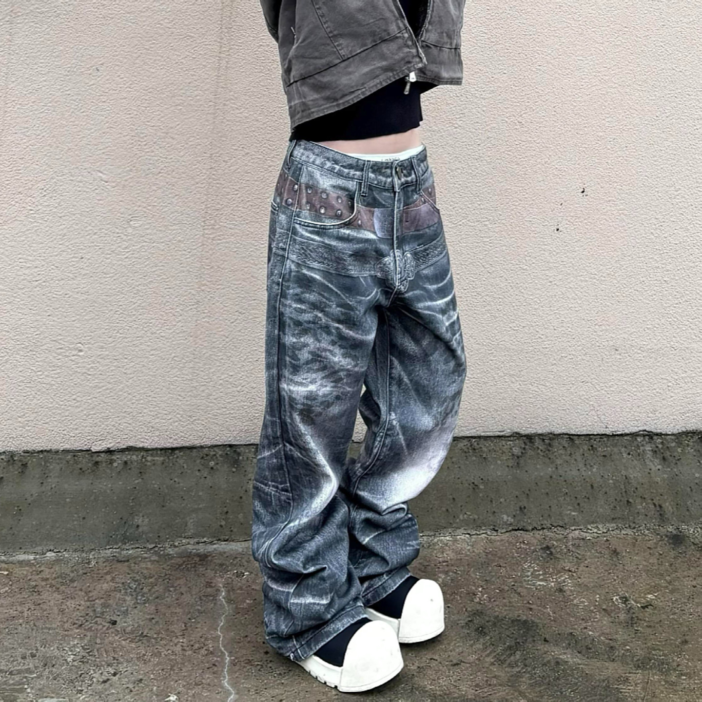 美式复古印花水波纹豹纹双腰带牛仔裤男女街头vibe直筒显瘦弯刀裤,女装/女士精品,大码裤装,淘宝优惠券,粉丝福利购,淘宝优惠卷