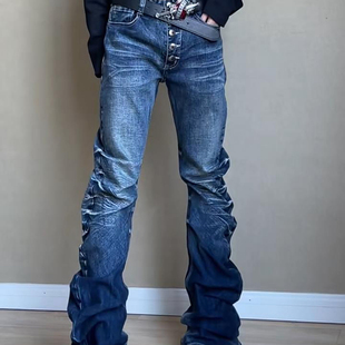 显瘦堆堆弯刀裤 女辣妹排扣修身 子 欧美街头波纹褶皱微喇牛仔裤 大码