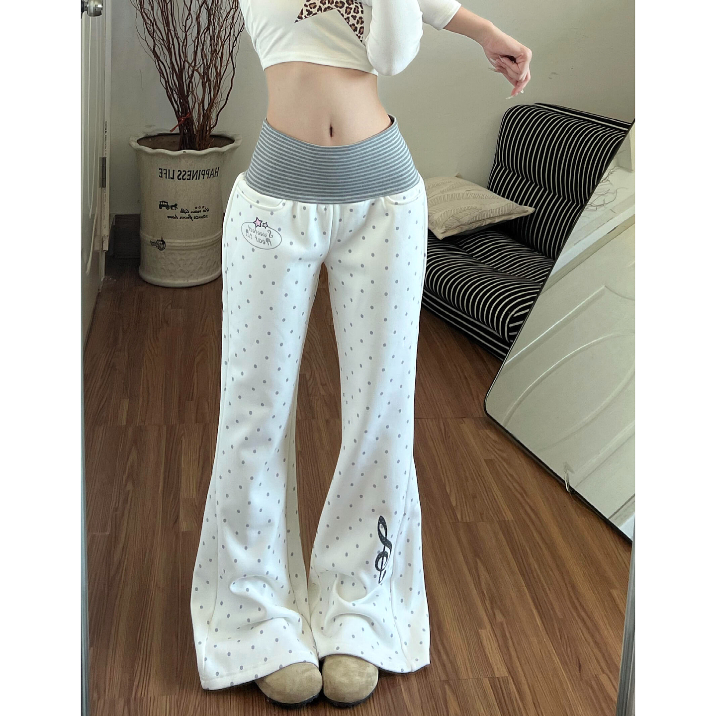 大码美式复古白色波点印花休闲裤