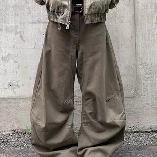 男女宽松休闲阔腿显瘦坠感长裤 复古解构弯刀褶皱牛仔裤 子 美式 大码