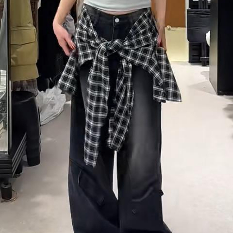 大码美式复古格子拼接屁帘牛仔裤女2025设计感辣妹假两件宽松长裤