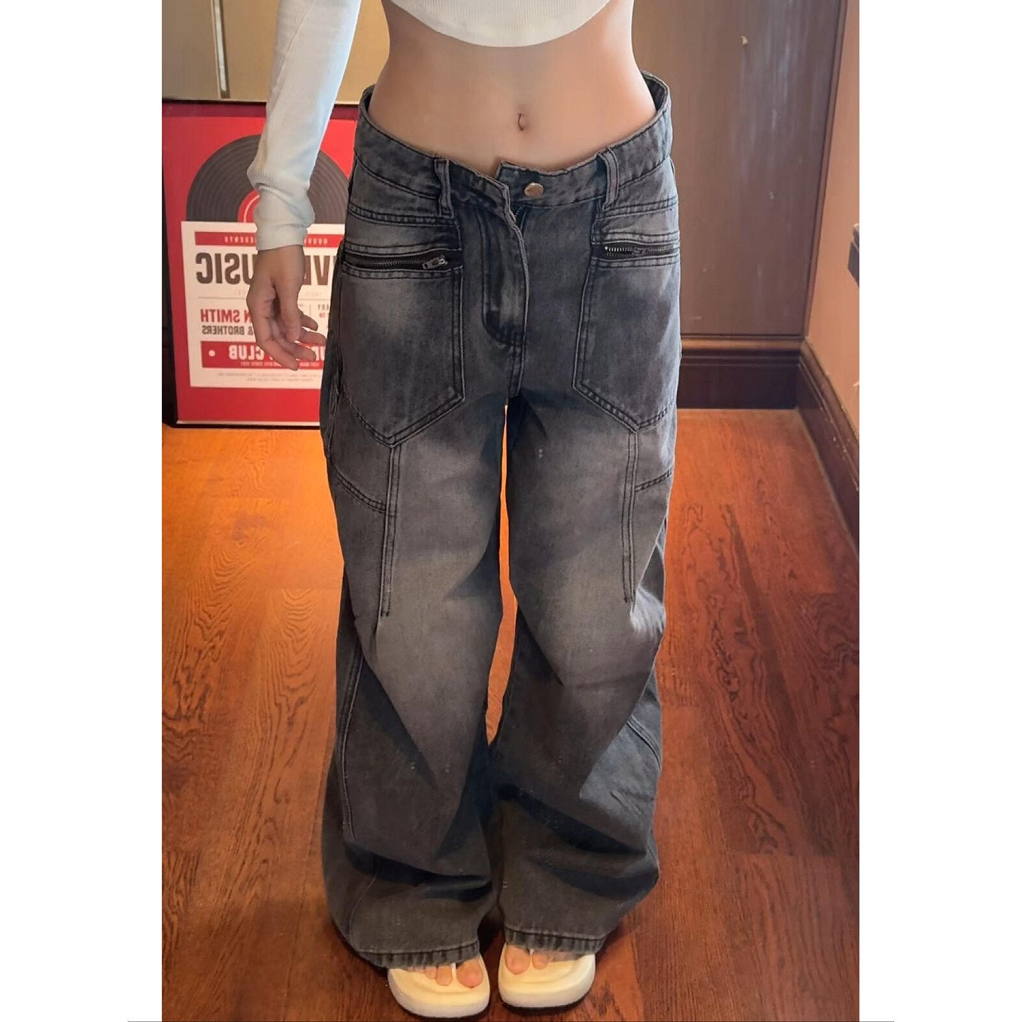 大码美式复古解构拉链口袋牛仔裤女2026新款高街宽松直筒阔腿长裤,女装/女士精品,大码裤装,淘宝优惠券,粉丝福利购,淘宝优惠卷