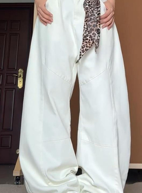 大码美式高街白色解构弯刀牛仔裤男女高腰宽松直筒休闲阔腿长裤子