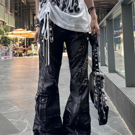 大码美式复古重工水洗毛边工装牛仔裤男女街头朋克多口袋微喇裤潮