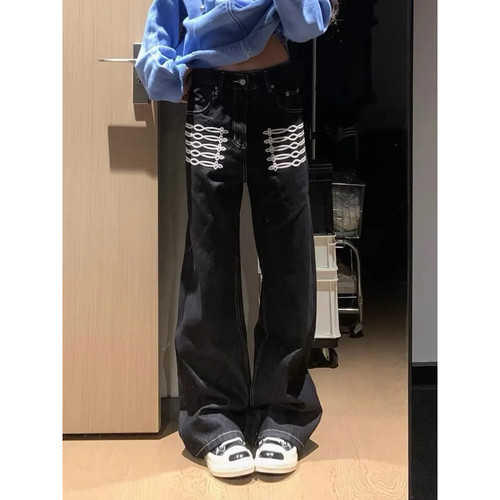 大码美式复古绳结刺绣牛仔阔腿裤