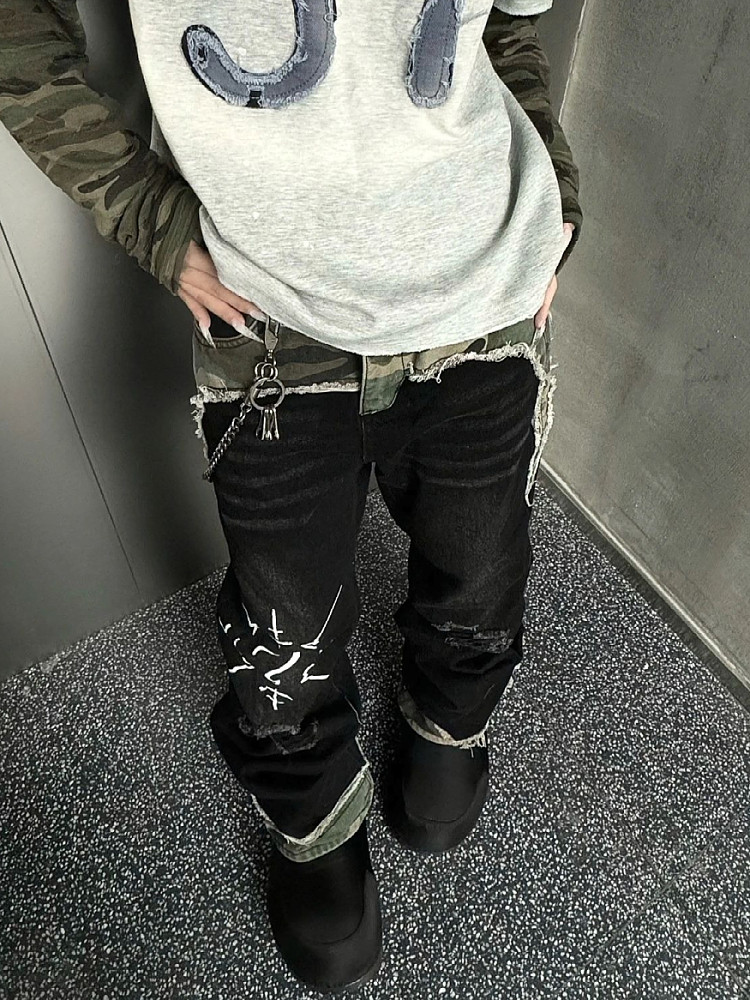 남성과 여성을 위한 대형 미국 스트리트 워싱 위장 접합 청바지 국가 패션 힙합 스트레이트 루즈 슬리밍 바지 유행