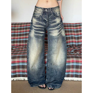 男女街头做旧宽松休闲弯刀裤 复古水洗压痕阔腿牛仔裤 vibe大码 美式