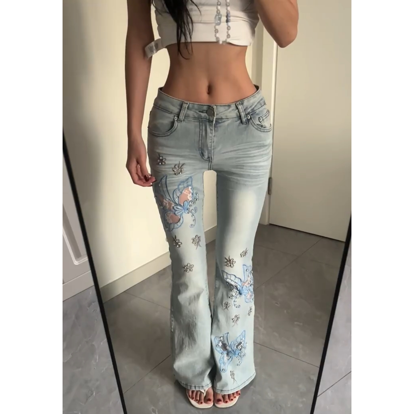大码美式复古水洗蝴蝶刺绣牛仔裤