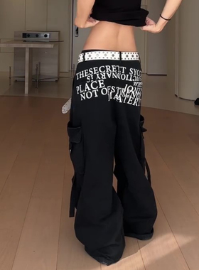 大码美式复古印花工装牛仔裤女潮牌宽松显瘦垂感阔腿拖地长裤子潮