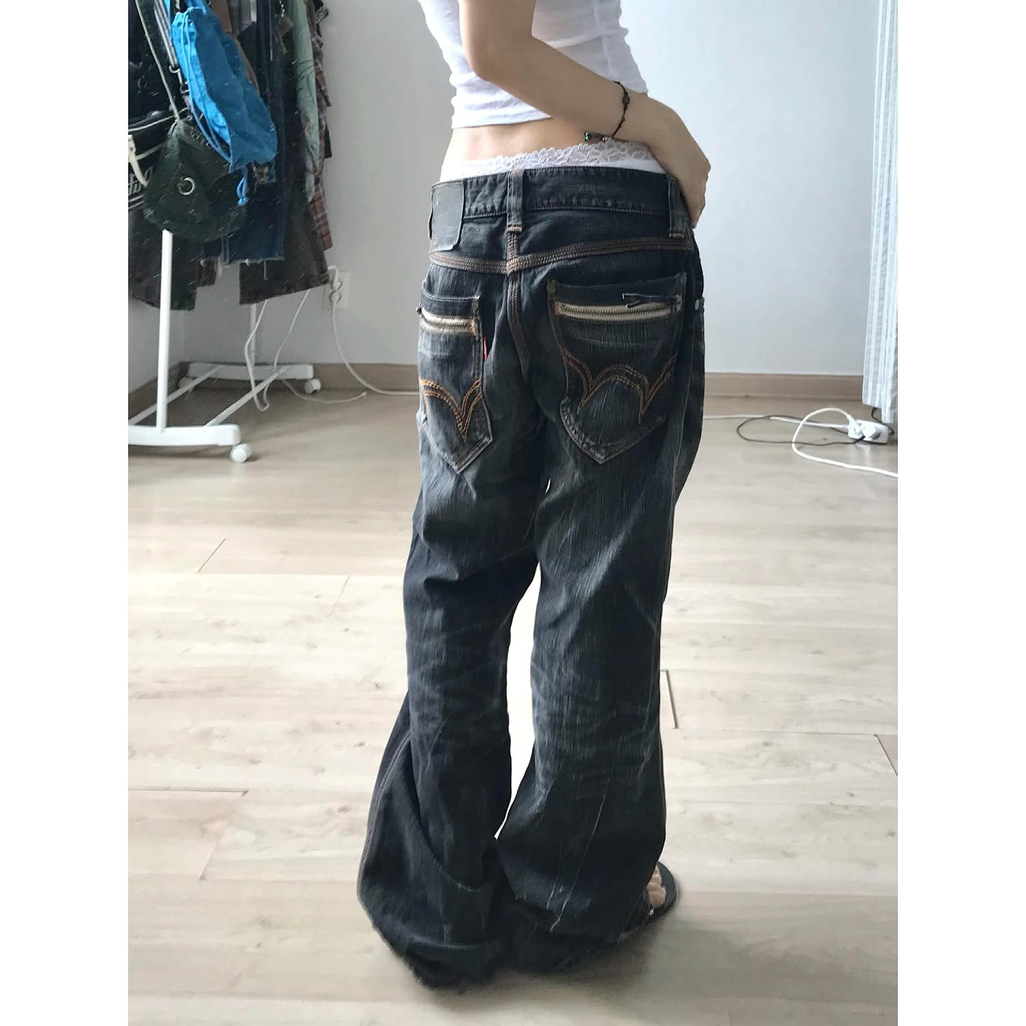 大码美式街头设计感口袋低腰牛仔裤女复古做旧水洗直筒坠感拖地裤