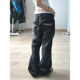 大码美式街头设计感口袋低腰牛仔裤女复古做旧水洗直筒坠感拖地裤