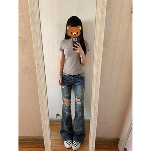 喇叭裤 大码 子 女弹性显瘦紧身窄版 低腰牛仔裤 美式 复古破洞水洗修身