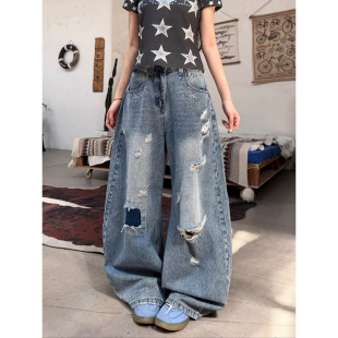 男女复古水洗宽松显瘦阔腿弯刀裤 高街做旧破洞补丁牛仔裤 美式 大码