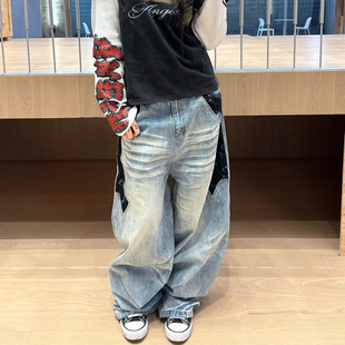 男女街头设计感宽松垂感阔腿长裤 复古做旧蕾丝拼接牛仔裤 大码 美式