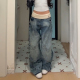 女复古辣妹宽松休闲直筒拖地裤 高街设计感拼接腰头牛仔裤 美式 大码