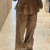 美式 复古做旧百褶裙裤 假两件牛仔裤 大码 女设计感宽松直筒垂感长裤