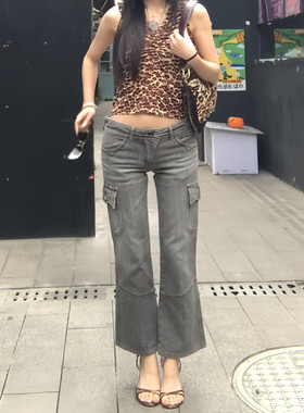 大码低腰微喇工装牛仔裤显瘦