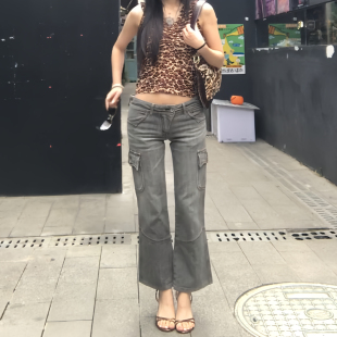 大码美式复古水洗做旧微喇工装九分牛仔裤女辣妹低腰修身显瘦裤子