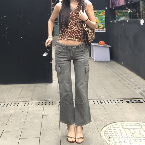 大码低腰微喇工装牛仔裤显瘦