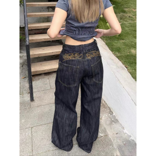 男女设计感高街宽松直筒阔腿裤 复古水洗刺绣粗斜纹牛仔裤 美式 大码