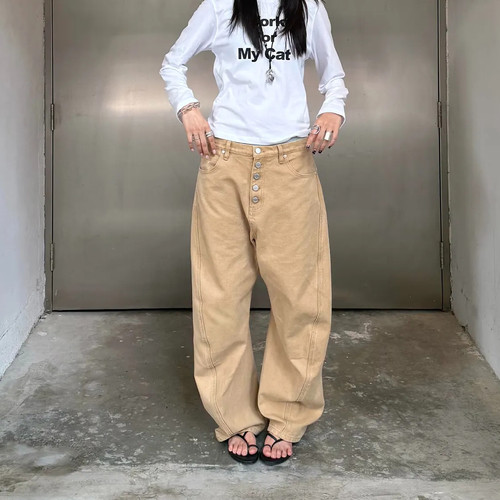 大码美式复古排扣显瘦牛仔阔腿裤