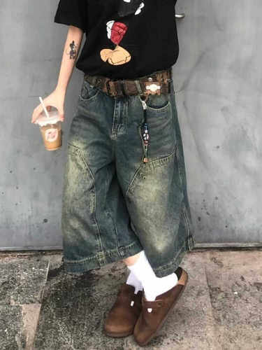 大码美式复古宽松牛仔短裤七分裤
